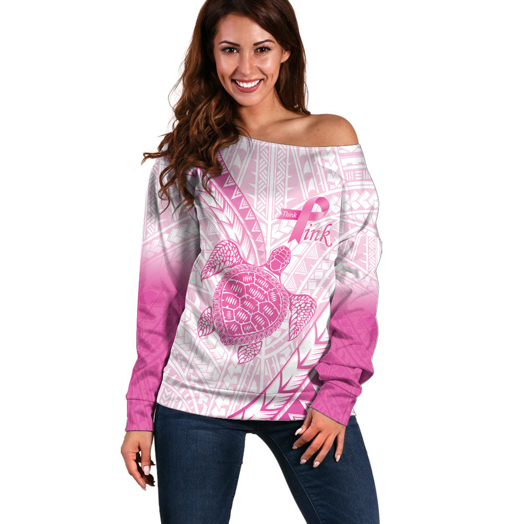 Breast Cancer Awareness Personalised Off Shoulder Sweater Pink Ribbon Turtle Polynesian Pattern White