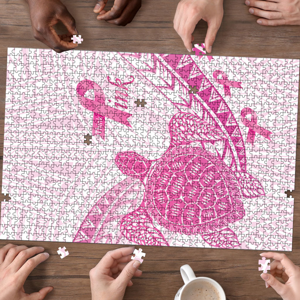 Breast Cancer Awareness Puzzle Pink Ribbon Turtle Polynesian Pattern White