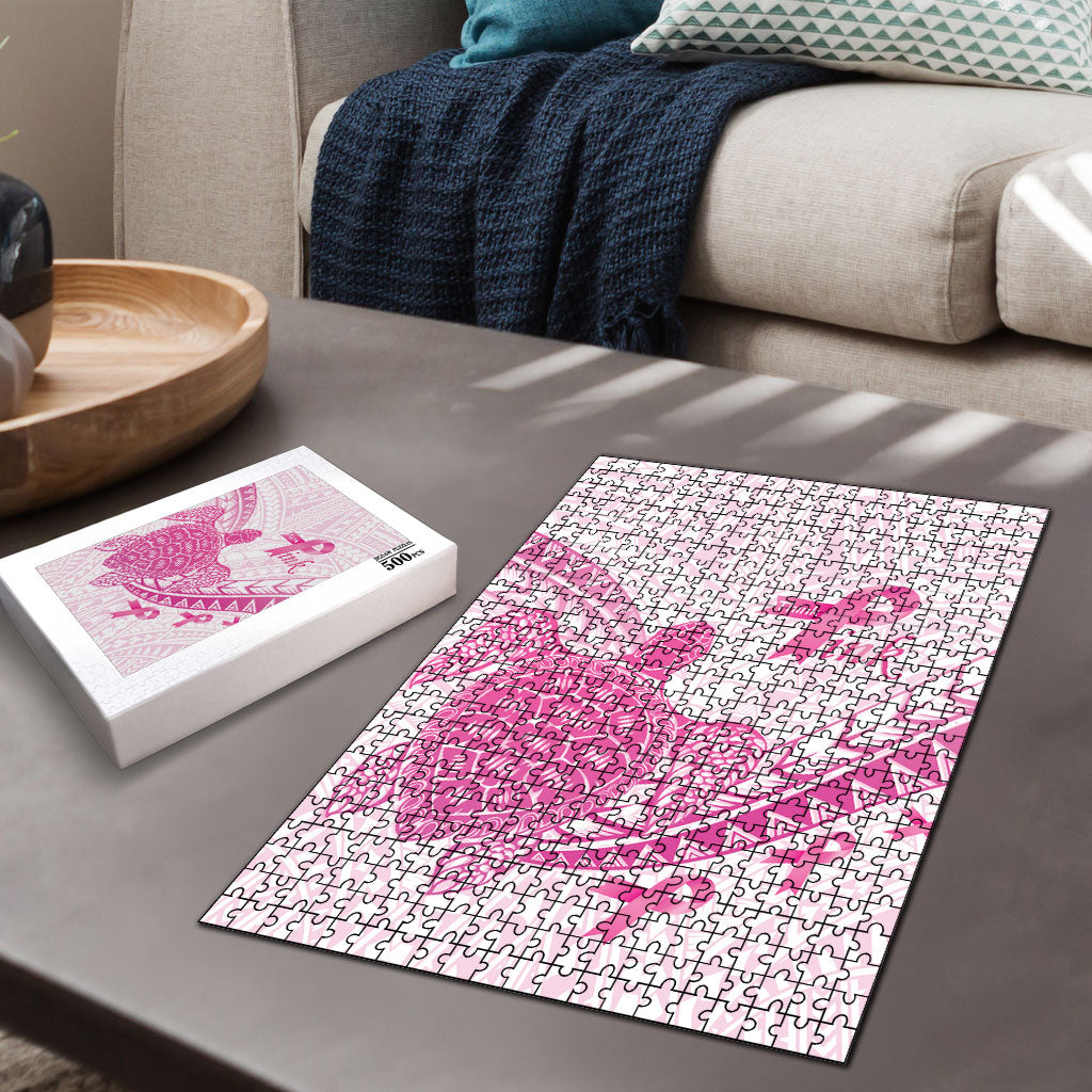 Breast Cancer Awareness Puzzle Pink Ribbon Turtle Polynesian Pattern White