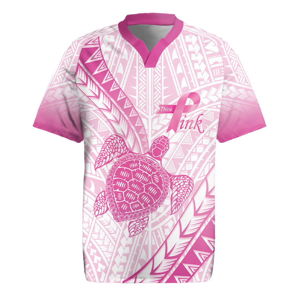 Breast Cancer Awareness Personalised Rugby Jersey Pink Ribbon Turtle Polynesian Pattern White
