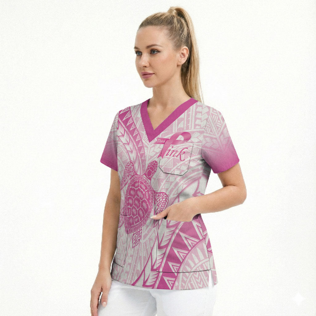 Breast Cancer Awareness Personalised Scrub Top Pink Ribbon Turtle Polynesian Pattern White