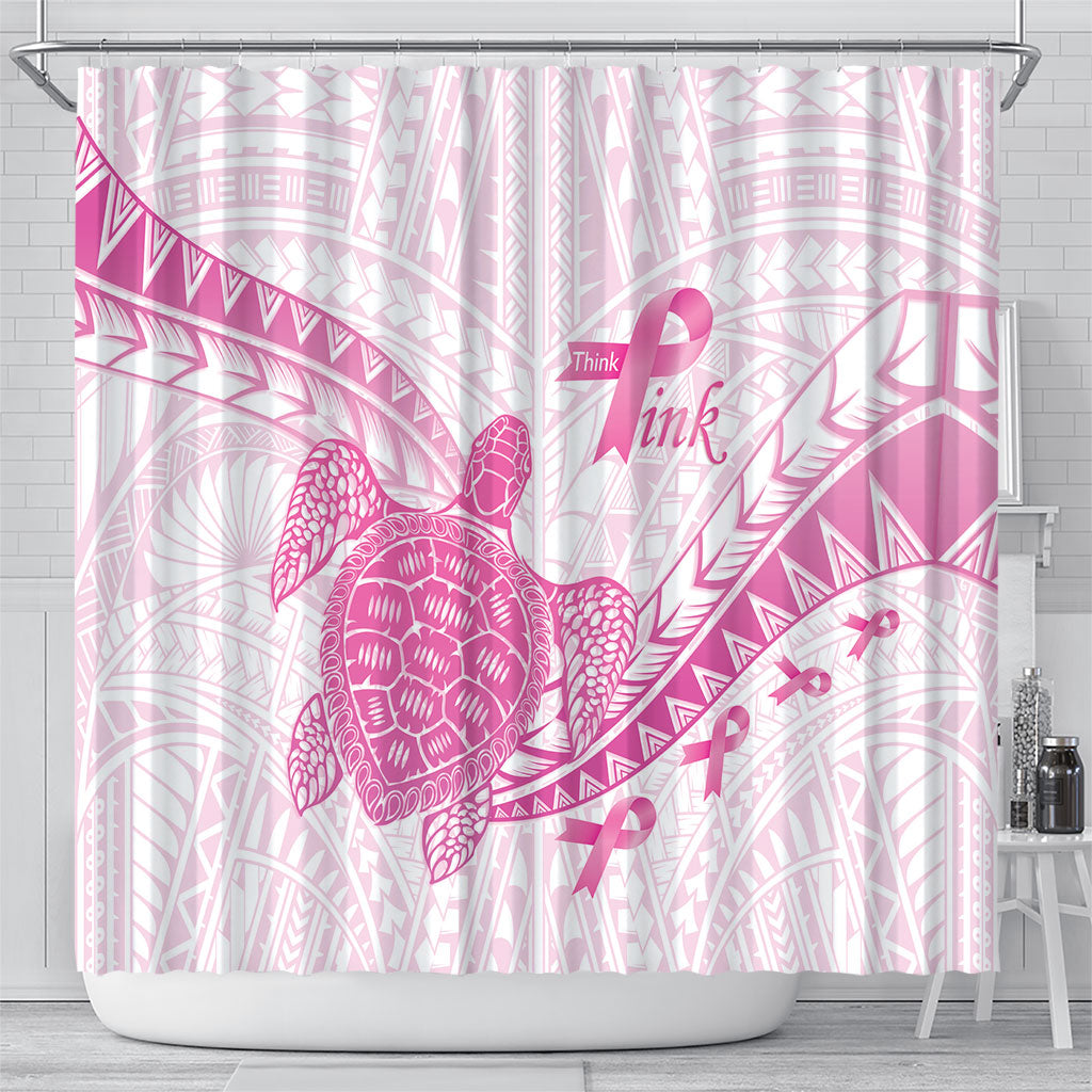 Breast Cancer Awareness Shower Curtain Pink Ribbon Turtle Polynesian Pattern White