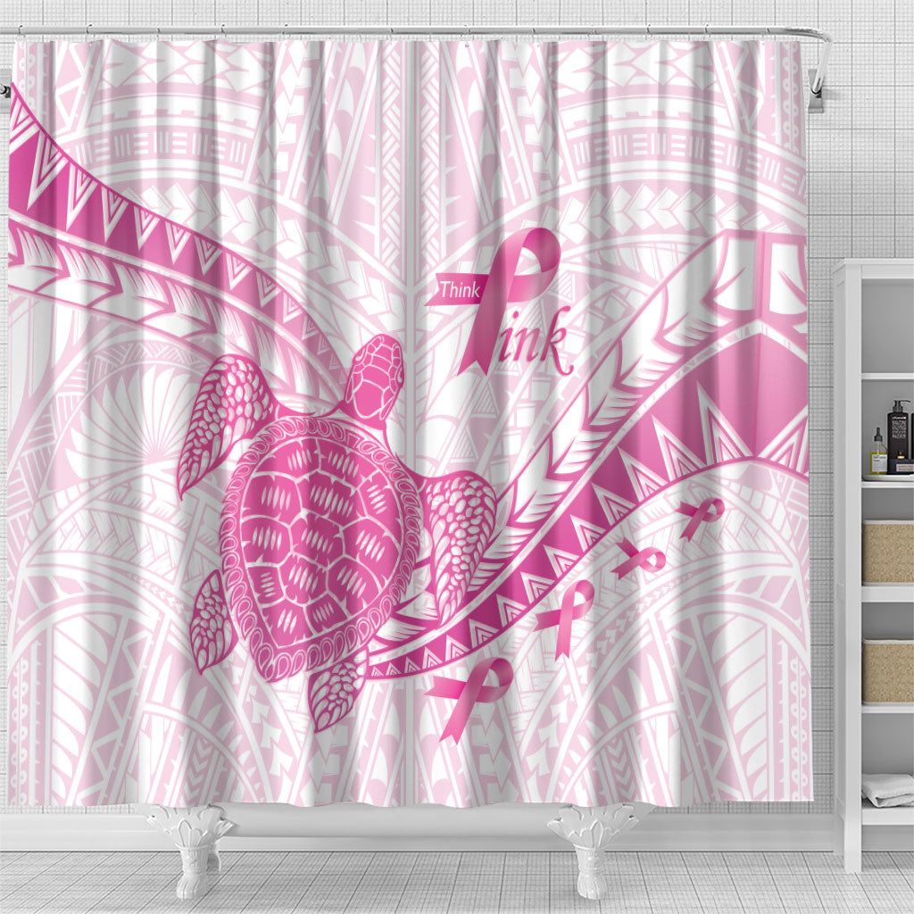 Breast Cancer Awareness Shower Curtain Pink Ribbon Turtle Polynesian Pattern White
