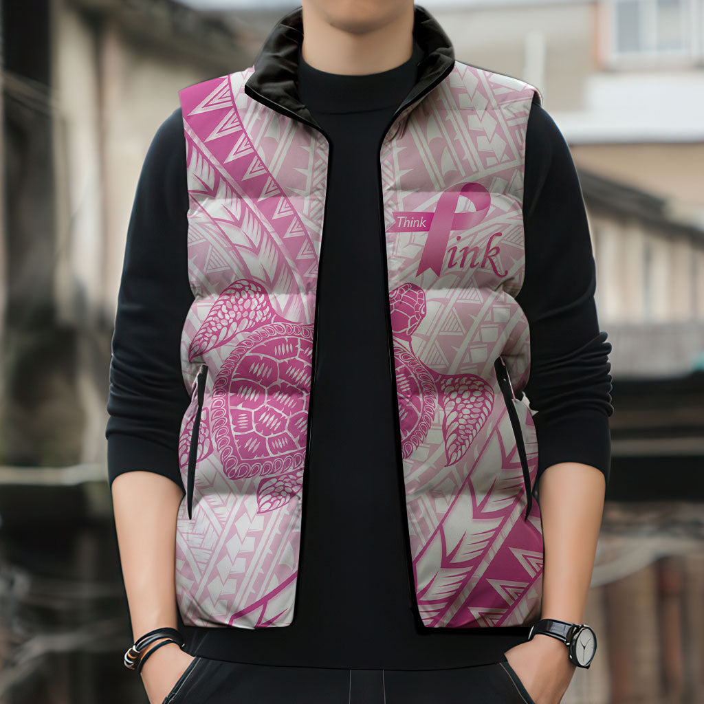 Breast Cancer Awareness Personalised Sleeveless Puffer Jacket Pink Ribbon Turtle Polynesian Pattern White