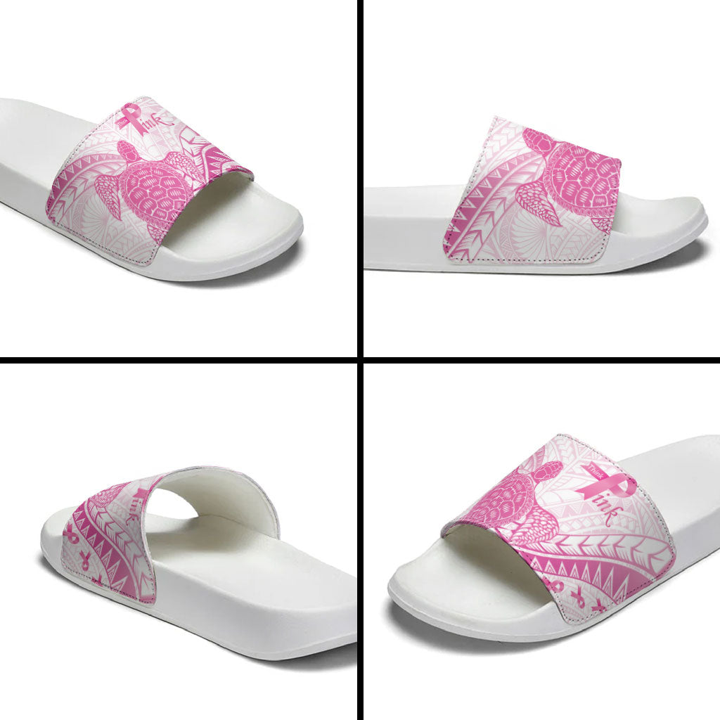 Breast Cancer Awareness Slide Sandals Pink Ribbon Turtle Polynesian Pattern White