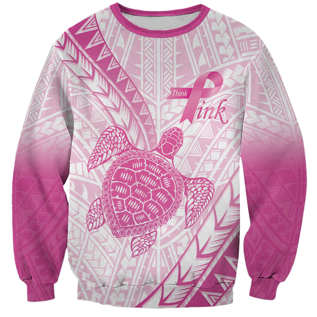 Breast Cancer Awareness Personalised Sweatshirt Pink Ribbon Turtle Polynesian Pattern White