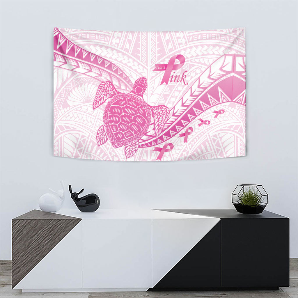 Breast Cancer Awareness Tapestry Pink Ribbon Turtle Polynesian Pattern White
