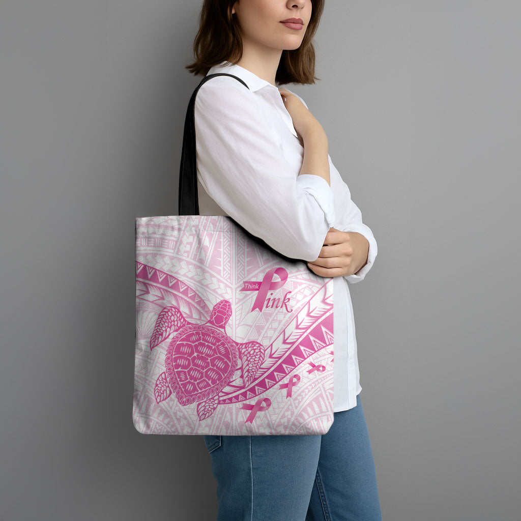 Breast Cancer Awareness Tote Bag Pink Ribbon Turtle Polynesian Pattern White