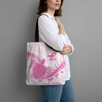 Breast Cancer Awareness Tote Bag Pink Ribbon Turtle Polynesian Pattern White