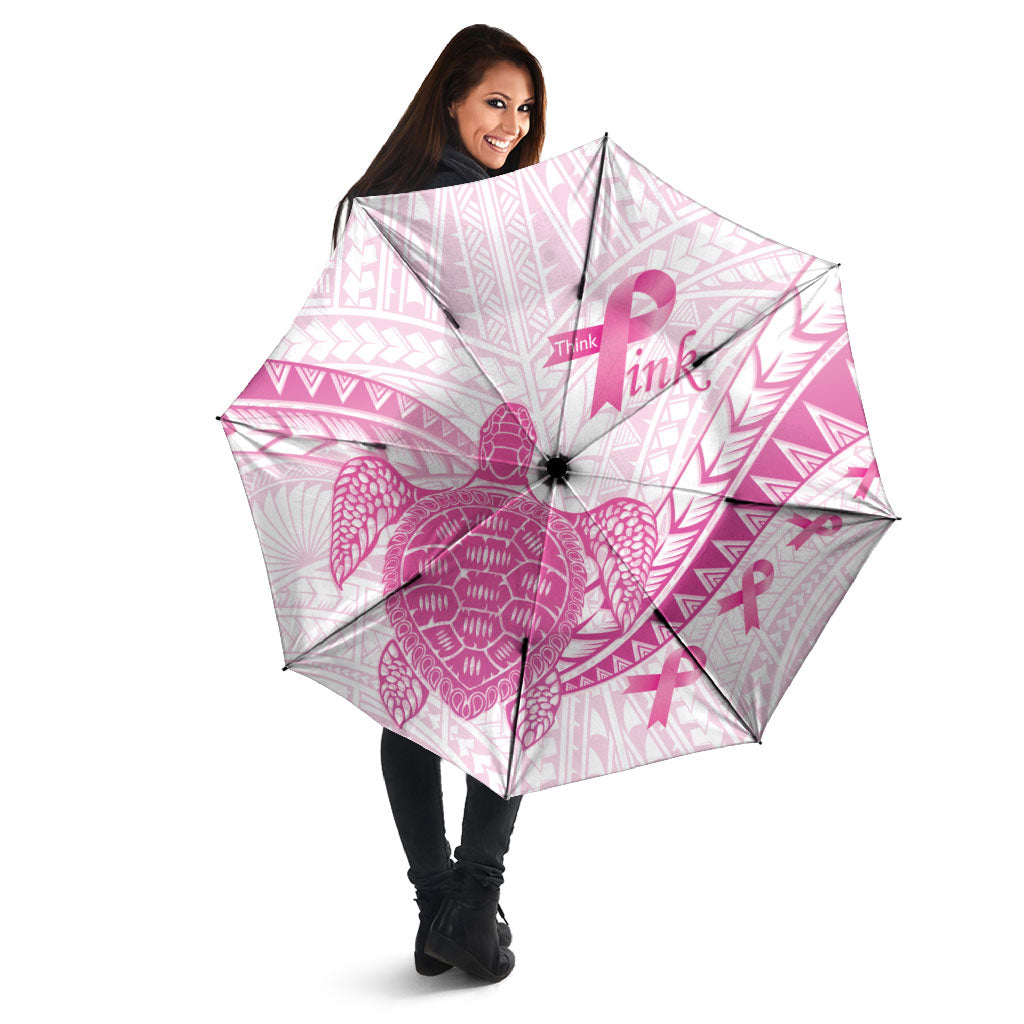 Breast Cancer Awareness Umbrella Pink Ribbon Turtle Polynesian Pattern White LT22 - Polynesian Pride