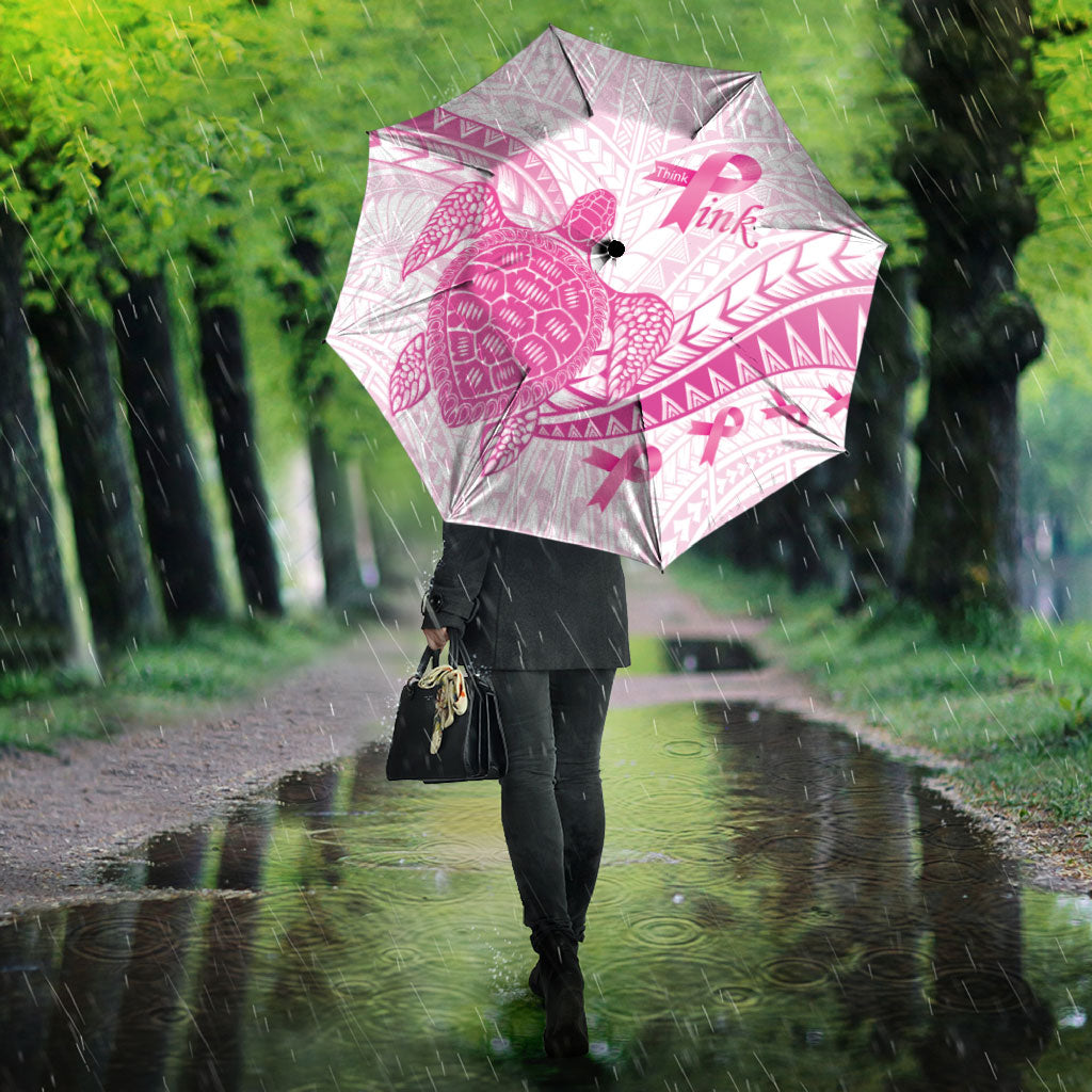 Breast Cancer Awareness Umbrella Pink Ribbon Turtle Polynesian Pattern White LT22 - Polynesian Pride