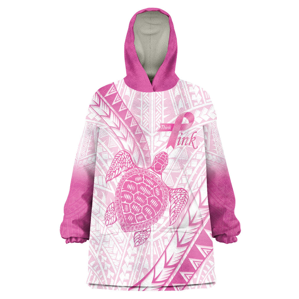 Breast Cancer Awareness Personalised Wearable Blanket Hoodie Pink Ribbon Turtle Polynesian Pattern White