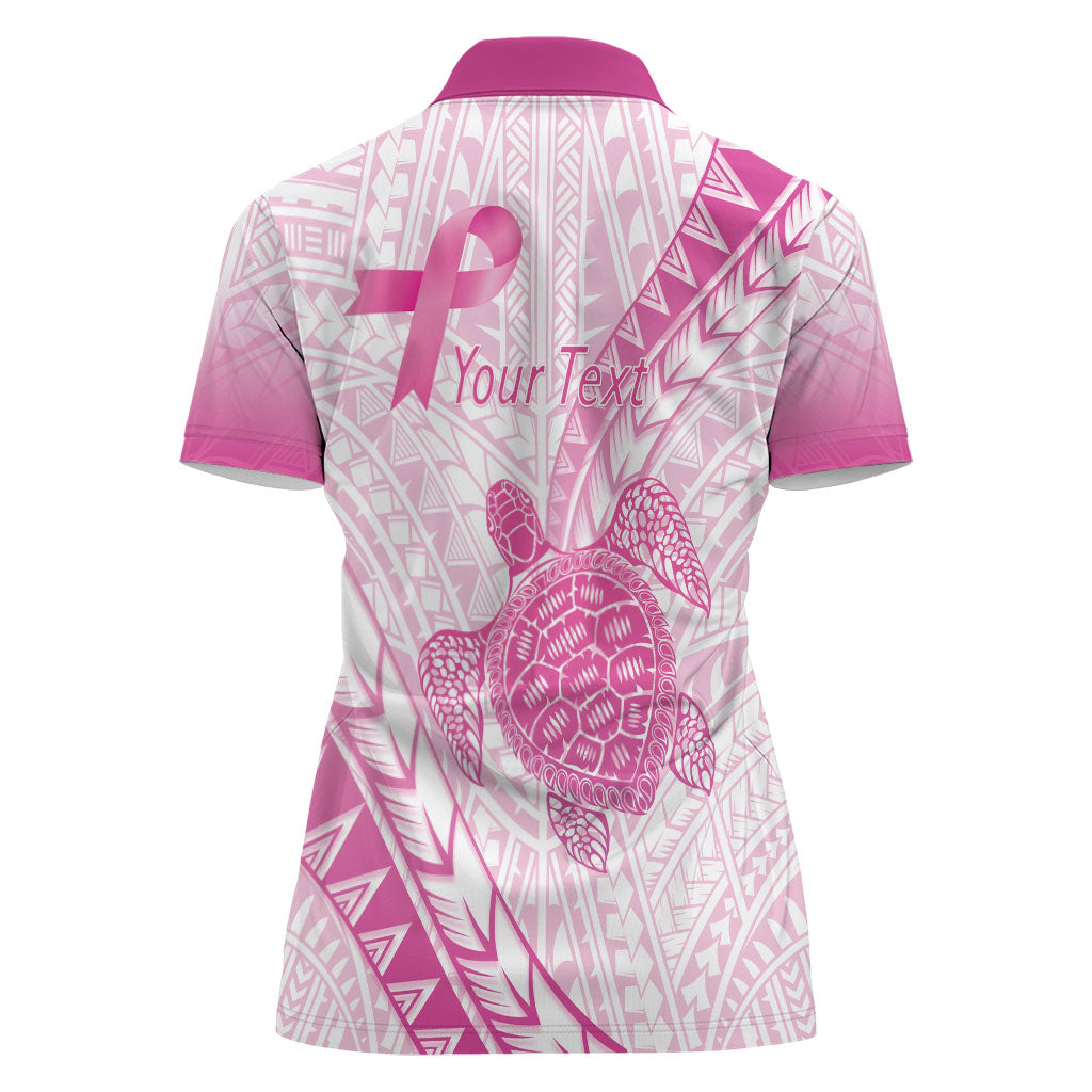 Breast Cancer Awareness Personalised Women Polo Shirt Pink Ribbon Turtle Polynesian Pattern White