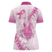 Breast Cancer Awareness Personalised Women Polo Shirt Pink Ribbon Turtle Polynesian Pattern White