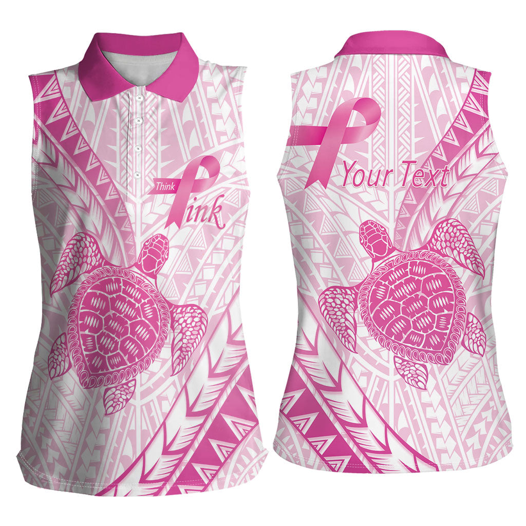 Breast Cancer Awareness Personalised Women Sleeveless Polo Shirt Pink Ribbon Turtle Polynesian Pattern White