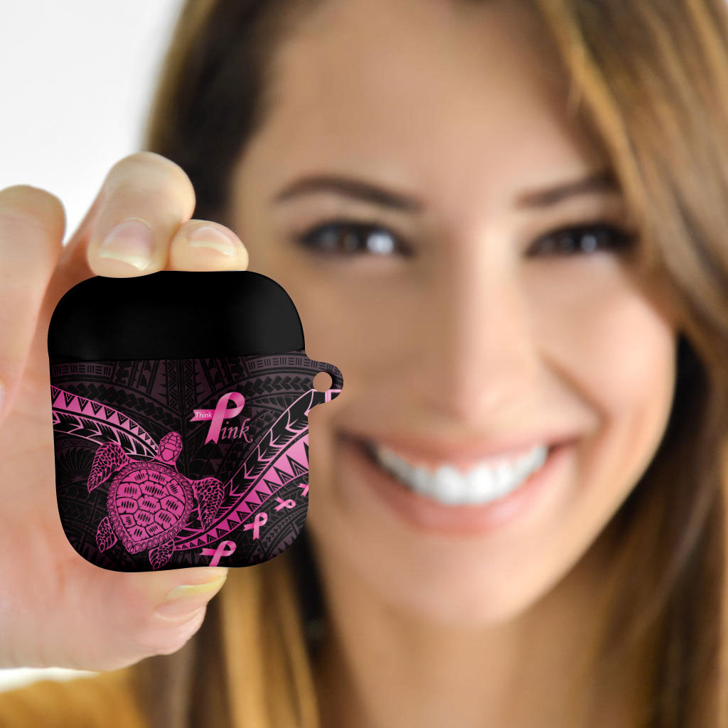 Breast Cancer Awareness AirPods Case Pink Ribbon Turtle Polynesian Pattern Black