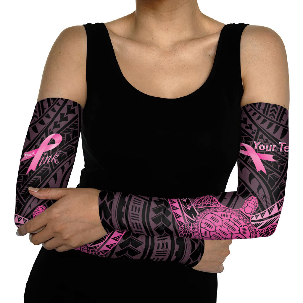 Breast Cancer Awareness Personalised Arm Sleeves Pink Ribbon Turtle Polynesian Pattern Black