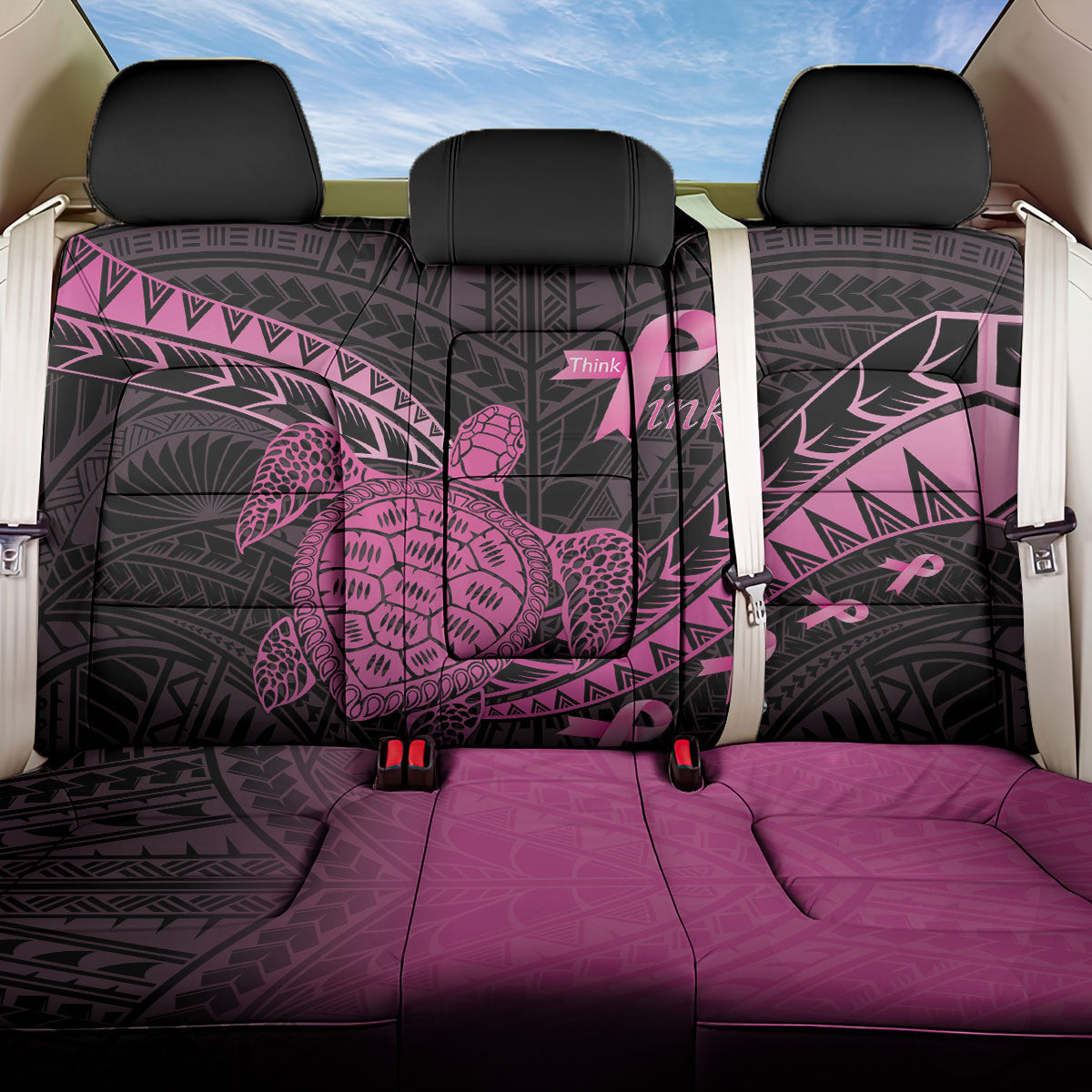 Breast Cancer Awareness Back Car Seat Cover Pink Ribbon Turtle Polynesian Pattern Black