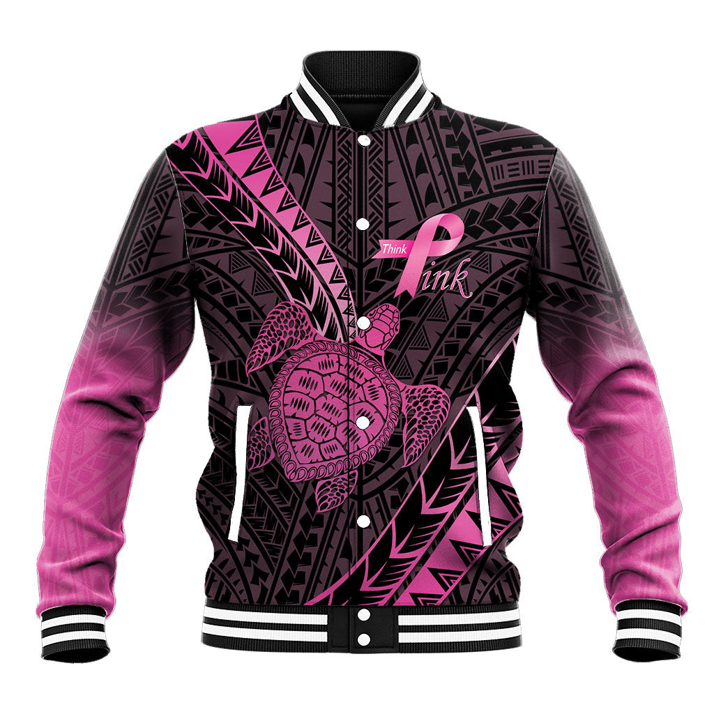 Breast Cancer Awareness Personalised Baseball Jacket Pink Ribbon Turtle Polynesian Pattern Black