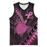 Breast Cancer Awareness Personalised Basketball Jersey Pink Ribbon Turtle Polynesian Pattern Black