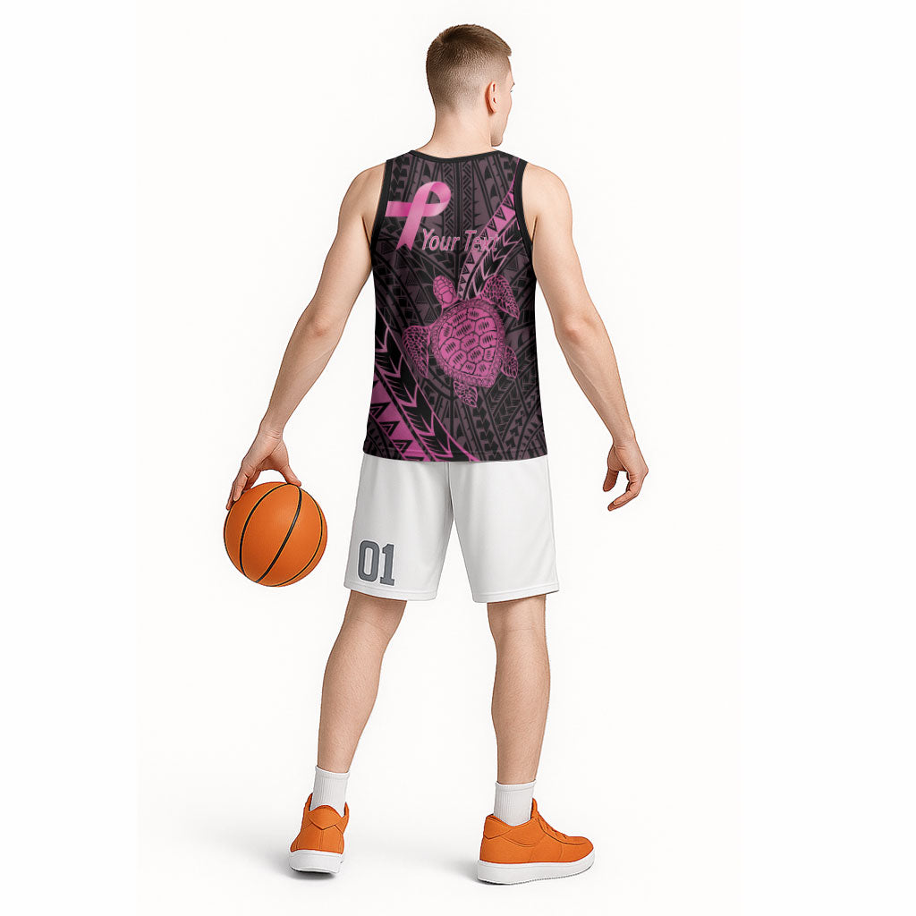 Breast Cancer Awareness Personalised Basketball Jersey Pink Ribbon Turtle Polynesian Pattern Black