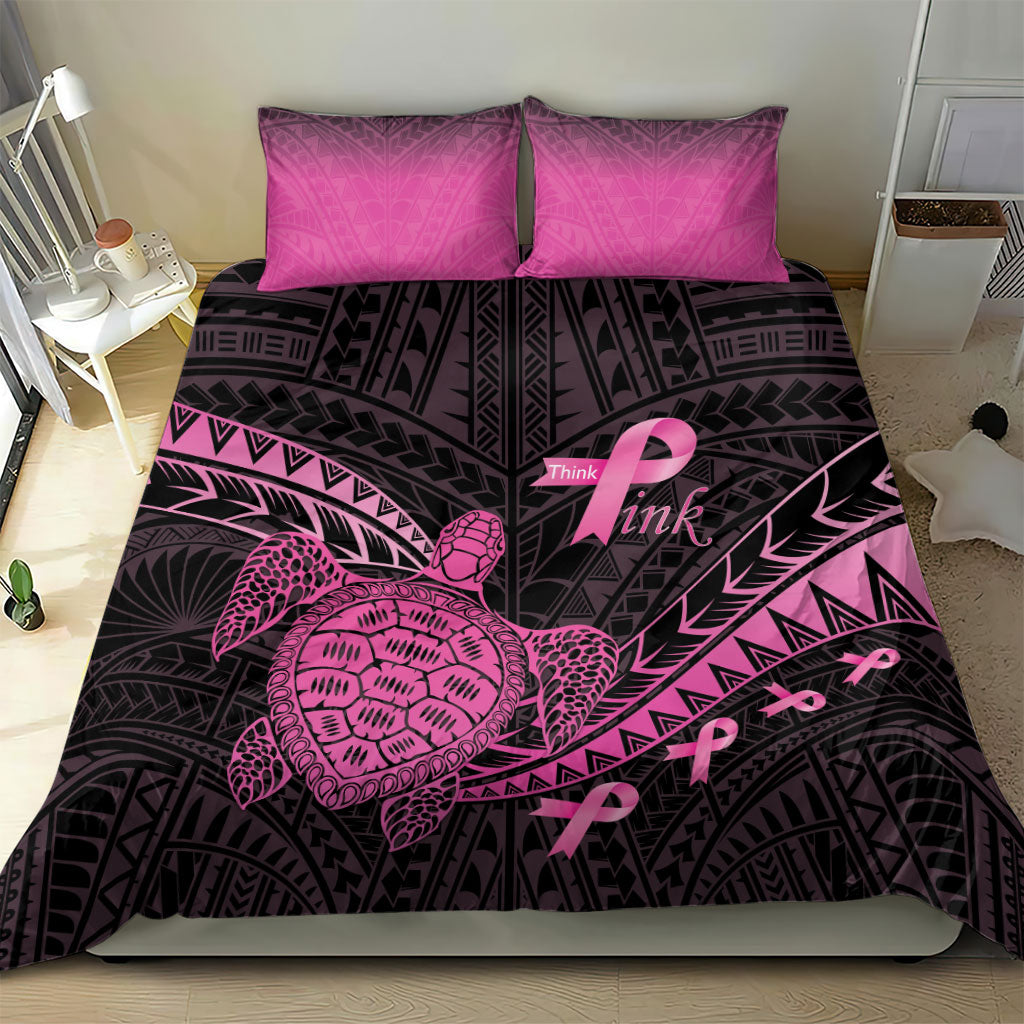 Breast Cancer Awareness Bedding Set Pink Ribbon Turtle Polynesian Pattern Black