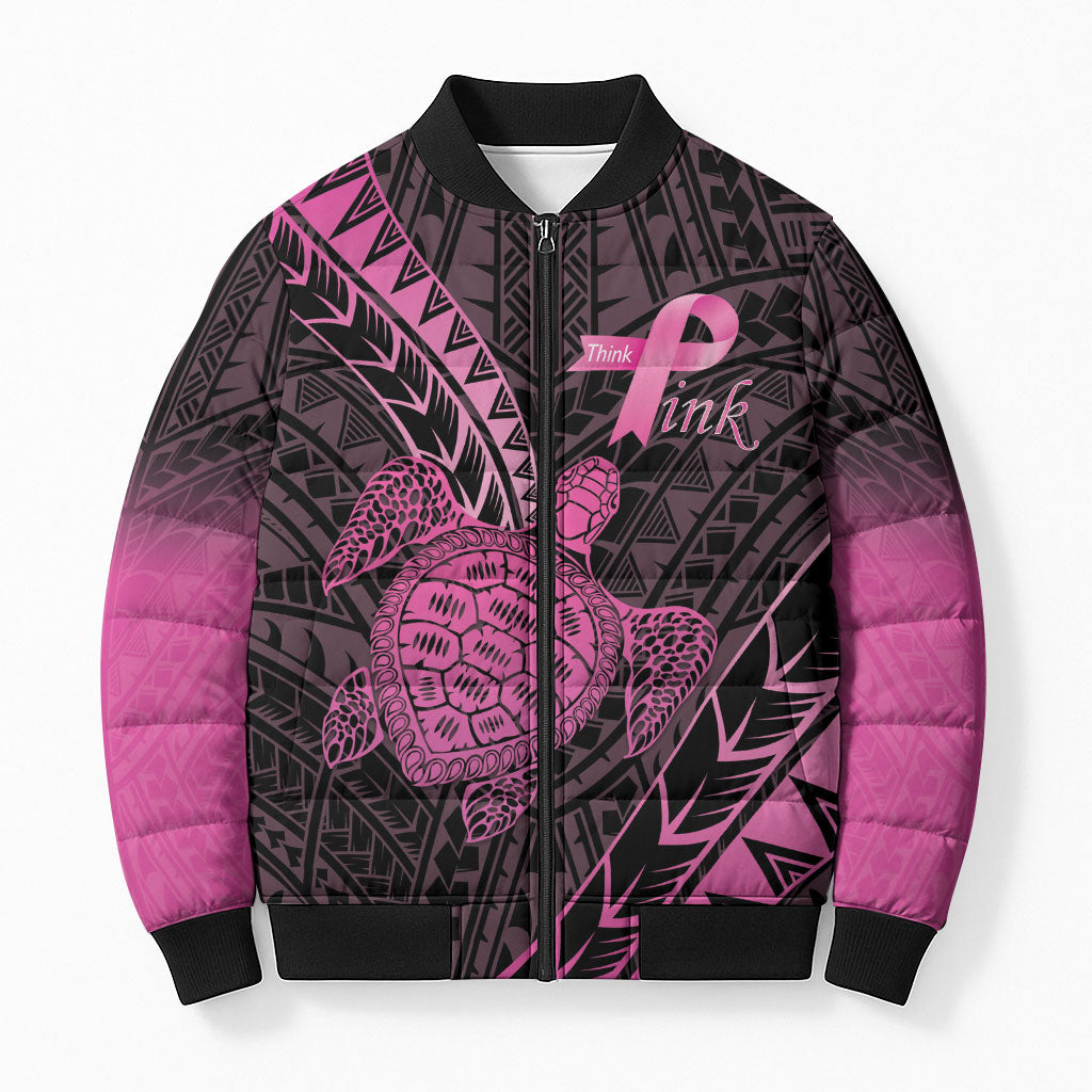 Breast Cancer Awareness Personalised Bomber Puffer Jacket Pink Ribbon Turtle Polynesian Pattern Black