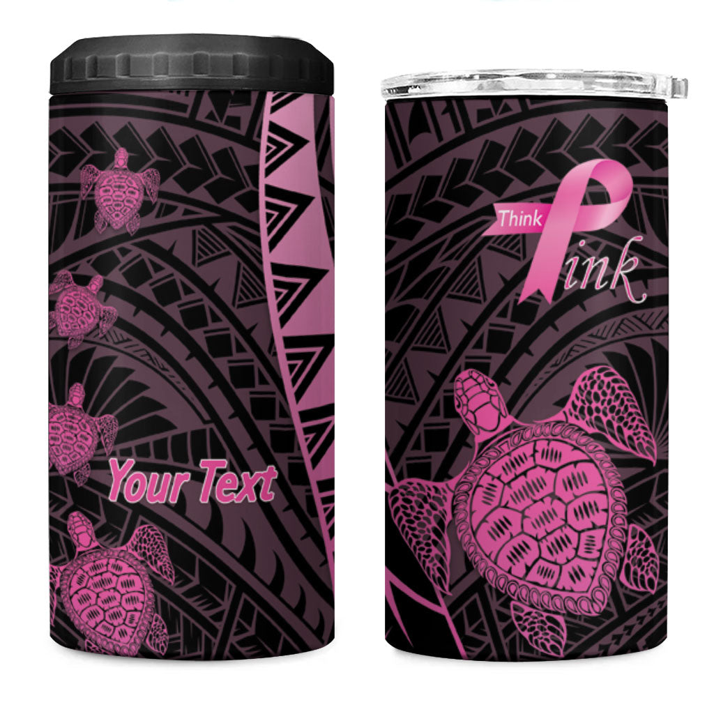Breast Cancer Awareness Personalised 4 in 1 Can Cooler Tumbler Pink Ribbon Turtle Polynesian Pattern Black