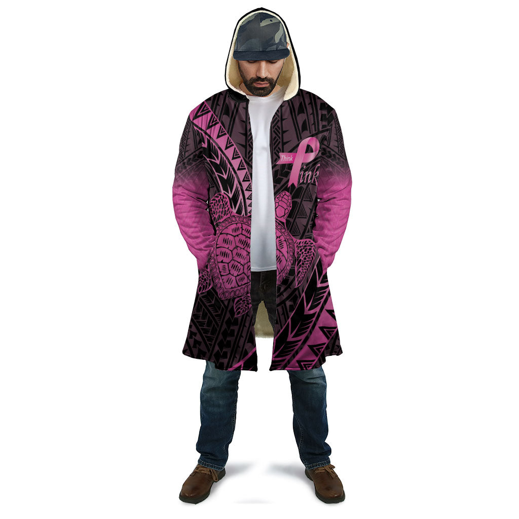 Breast Cancer Awareness Personalised Cloak Pink Ribbon Turtle Polynesian Pattern Black