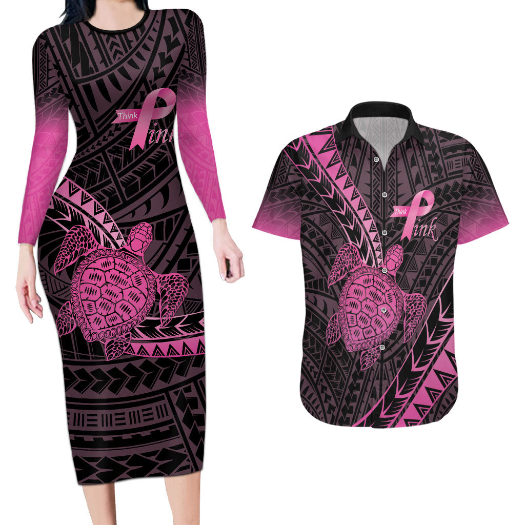Breast Cancer Awareness Personalised Couples Matching Long Sleeve Bodycon Dress and Hawaiian Shirt Pink Ribbon Turtle Polynesian Pattern Black
