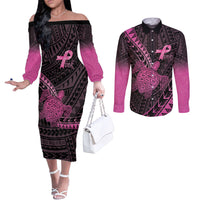 Breast Cancer Awareness Personalised Couples Matching Off The Shoulder Long Sleeve Dress and Long Sleeve Button Shirt Pink Ribbon Turtle Polynesian Pattern Black