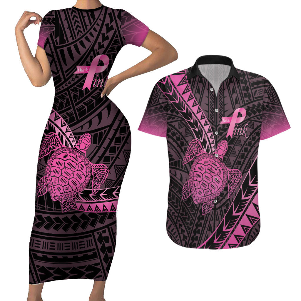 Breast Cancer Awareness Personalised Couples Matching Short Sleeve Bodycon Dress and Hawaiian Shirt Pink Ribbon Turtle Polynesian Pattern Black