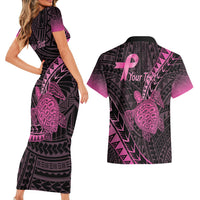 Breast Cancer Awareness Personalised Couples Matching Short Sleeve Bodycon Dress and Hawaiian Shirt Pink Ribbon Turtle Polynesian Pattern Black
