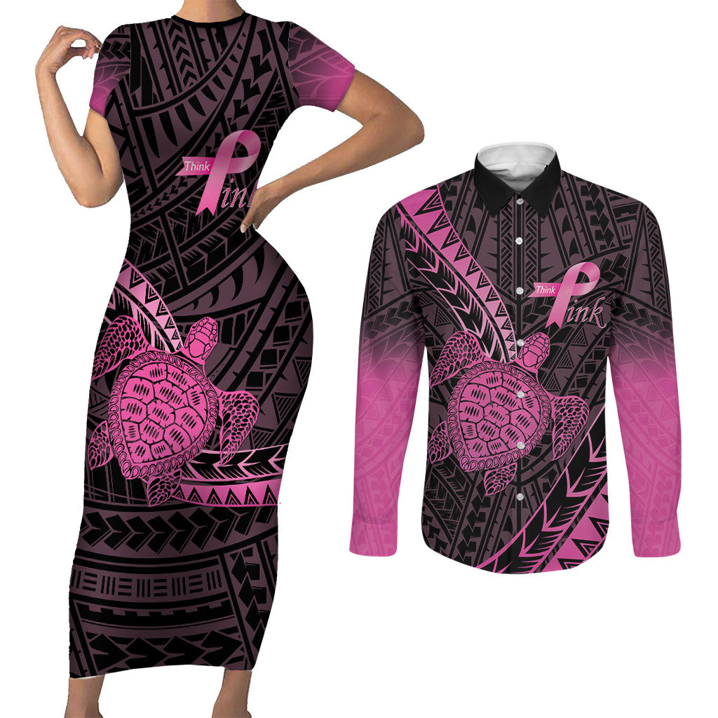 Breast Cancer Awareness Personalised Couples Matching Short Sleeve Bodycon Dress and Long Sleeve Button Shirt Pink Ribbon Turtle Polynesian Pattern Black