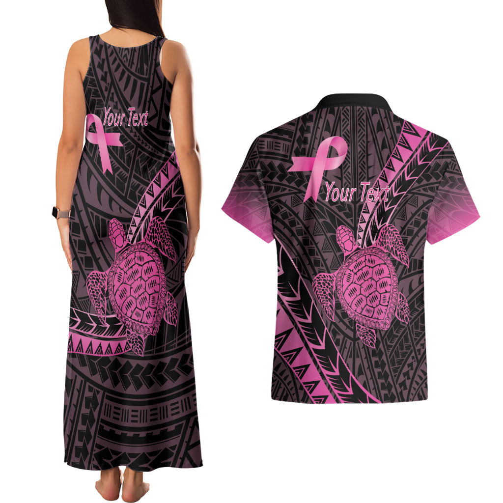 Breast Cancer Awareness Personalised Couples Matching Tank Maxi Dress and Hawaiian Shirt Pink Ribbon Turtle Polynesian Pattern Black