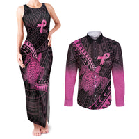 Breast Cancer Awareness Personalised Couples Matching Tank Maxi Dress and Long Sleeve Button Shirt Pink Ribbon Turtle Polynesian Pattern Black