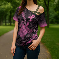 Breast Cancer Awareness Personalised Cross Shoulder Shirt Pink Ribbon Turtle Polynesian Pattern Black