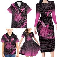 Breast Cancer Awareness Personalised Family Matching Long Sleeve Bodycon Dress and Hawaiian Shirt Pink Ribbon Turtle Polynesian Pattern Black LT22 - Polynesian Pride