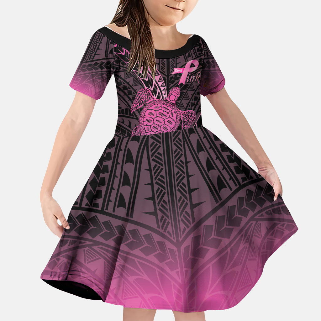 Breast Cancer Awareness Personalised Family Matching Mermaid Dress and Hawaiian Shirt Pink Ribbon Turtle Polynesian Pattern Black LT22 Daughter's Dress Pink - Polynesian Pride