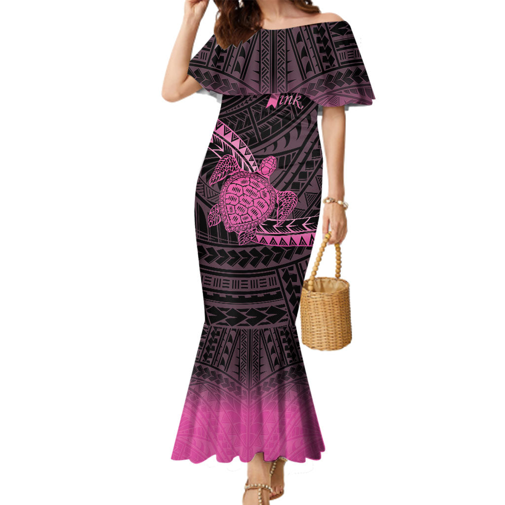 Breast Cancer Awareness Personalised Family Matching Mermaid Dress and Hawaiian Shirt Pink Ribbon Turtle Polynesian Pattern Black LT22 Mom's Dress Pink - Polynesian Pride