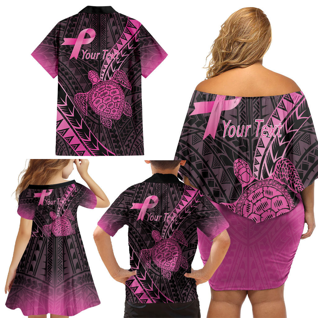 Breast Cancer Awareness Personalised Family Matching Off Shoulder Short Dress and Hawaiian Shirt Pink Ribbon Turtle Polynesian Pattern Black LT22 - Polynesian Pride
