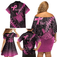 Breast Cancer Awareness Personalised Family Matching Off Shoulder Short Dress and Hawaiian Shirt Pink Ribbon Turtle Polynesian Pattern Black LT22 - Polynesian Pride