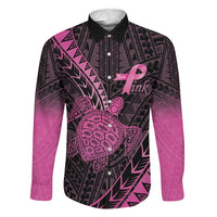 Breast Cancer Awareness Personalised Family Matching Off Shoulder Short Dress and Hawaiian Shirt Pink Ribbon Turtle Polynesian Pattern Black LT22 Dad's Shirt - Long Sleeve Pink - Polynesian Pride