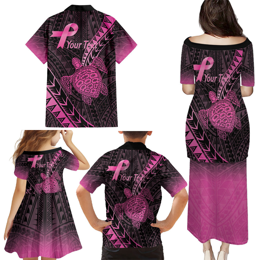 Breast Cancer Awareness Personalised Family Matching Puletasi and Hawaiian Shirt Pink Ribbon Turtle Polynesian Pattern Black
