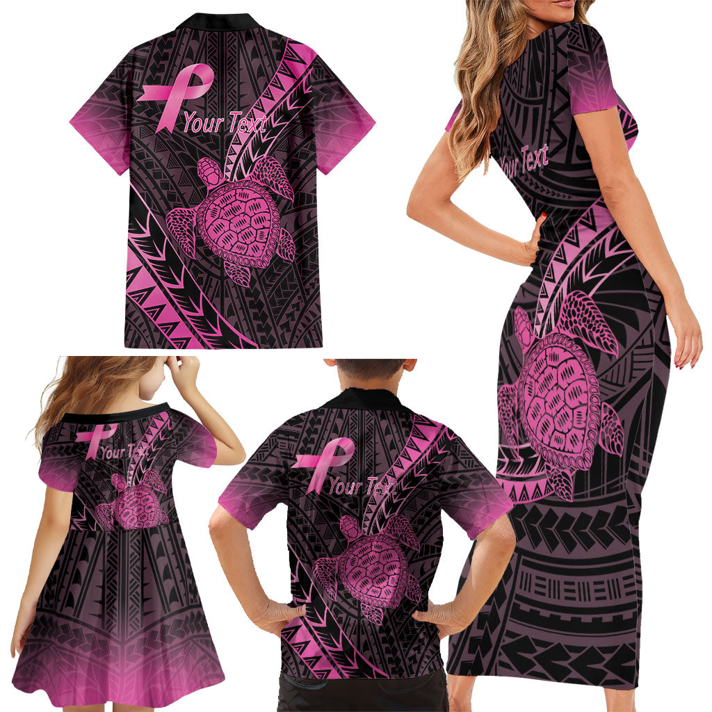 Breast Cancer Awareness Personalised Family Matching Short Sleeve Bodycon Dress and Hawaiian Shirt Pink Ribbon Turtle Polynesian Pattern Black LT22 - Polynesian Pride