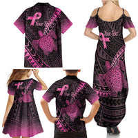Breast Cancer Awareness Personalised Family Matching Summer Maxi Dress and Hawaiian Shirt Pink Ribbon Turtle Polynesian Pattern Black