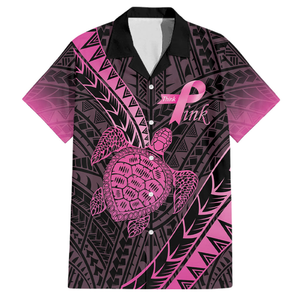 Breast Cancer Awareness Personalised Family Matching Tank Maxi Dress and Hawaiian Shirt Pink Ribbon Turtle Polynesian Pattern Black LT22 Dad's Shirt - Short Sleeve Pink - Polynesian Pride