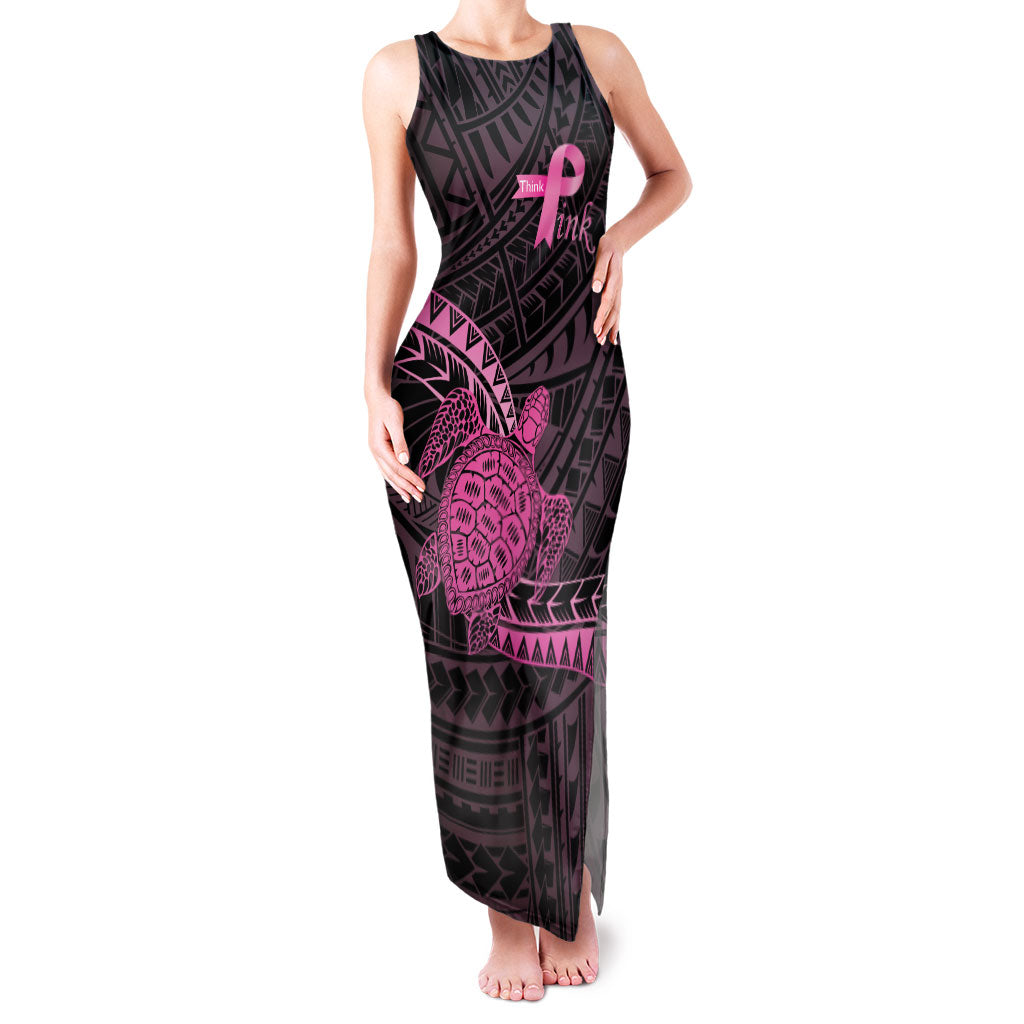 Breast Cancer Awareness Personalised Family Matching Tank Maxi Dress and Hawaiian Shirt Pink Ribbon Turtle Polynesian Pattern Black LT22 Mom's Dress Pink - Polynesian Pride