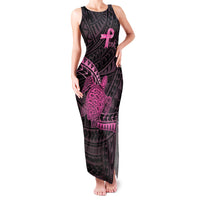 Breast Cancer Awareness Personalised Family Matching Tank Maxi Dress and Hawaiian Shirt Pink Ribbon Turtle Polynesian Pattern Black LT22 Mom's Dress Pink - Polynesian Pride