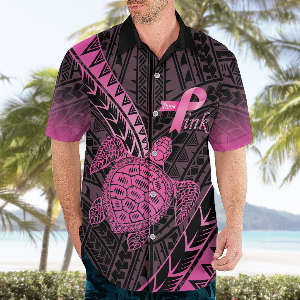 Breast Cancer Awareness Personalised Hawaiian Shirt Pink Ribbon Turtle Polynesian Pattern Black